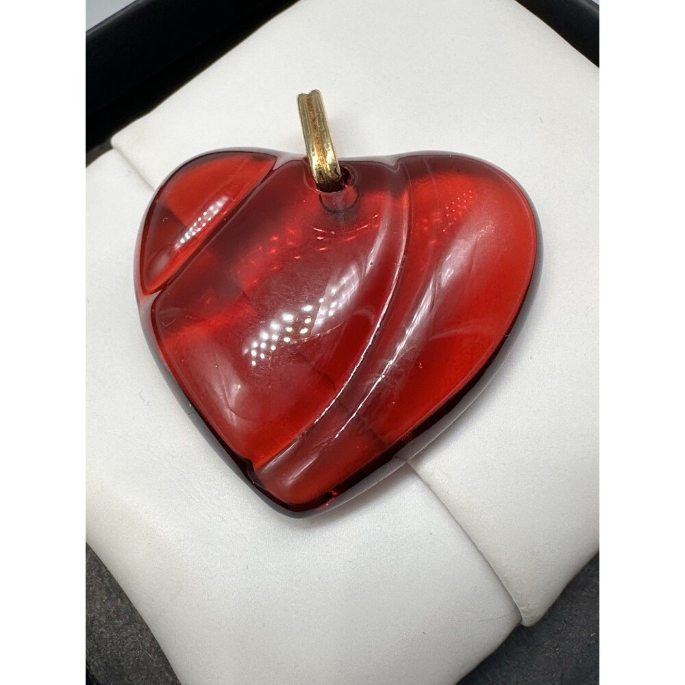 Baccarat France Puffy Wave Red Crystal Heart Pendant Gold Plated Bail READ - Picture 2 of 6